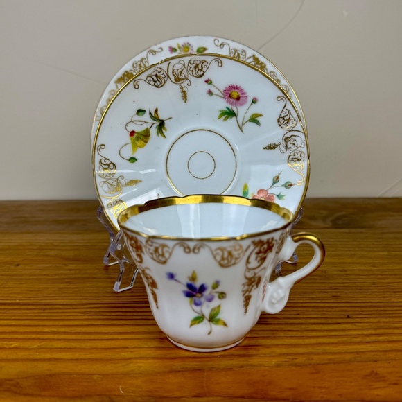 Vintage European Bone China Tea Trio – Floral Gold Filigree | Cup Saucer Plate - Picture 5 of 9